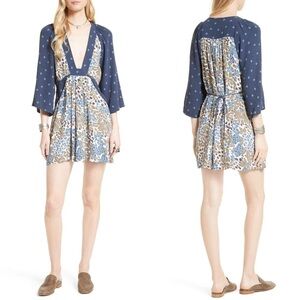 Free People Blue Talulla Printed 3/4 Sleeve V-Neck Mini Dress